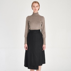 Modern Structural Asymmetric Wrap Design Wool 100% Midi-Skirt_JET BLACK [현대적 구조적인 비대칭 랩 디자인 울 100% 미디 스커트]