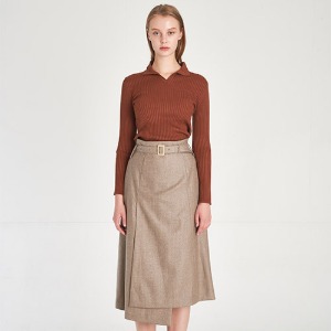 Modern Structural Asymmetric Wrap Design Wool 100% Midi-Skirt_Melange-Greige [현대적 구조적인 비대칭 랩 디자인 울 100% 미디 스커트]