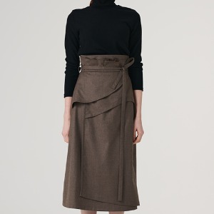 Wool 100% High Waist Cutting Edge Constructive Wrap Skirt_BRWON [울 100% 하이웨이스트 컷팅 엣지 구조적인 레이어드 랩 스커트_브라운]